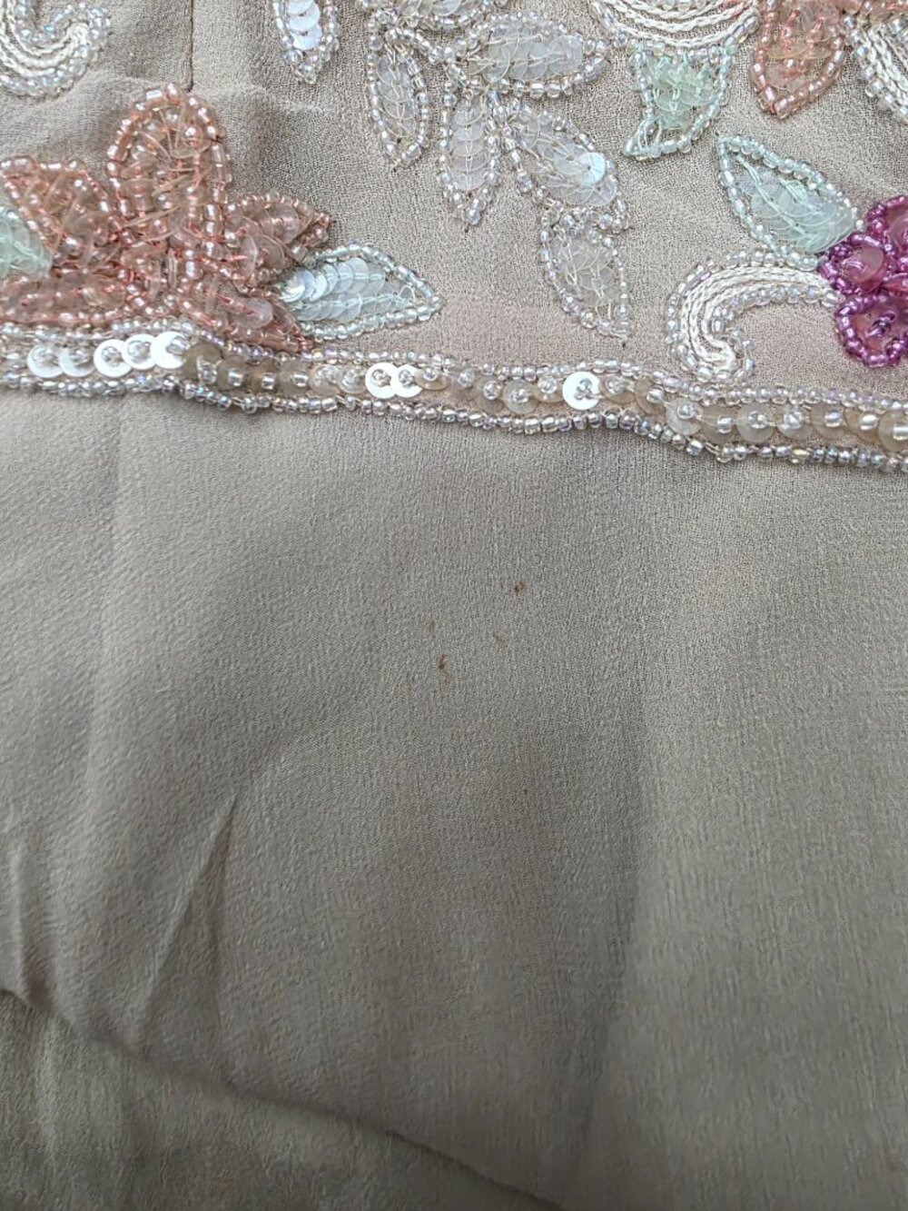 Vintage Beaded Beige Dress Floral Embellished Swing‎ Midi No Tags - Picture 8 of 11